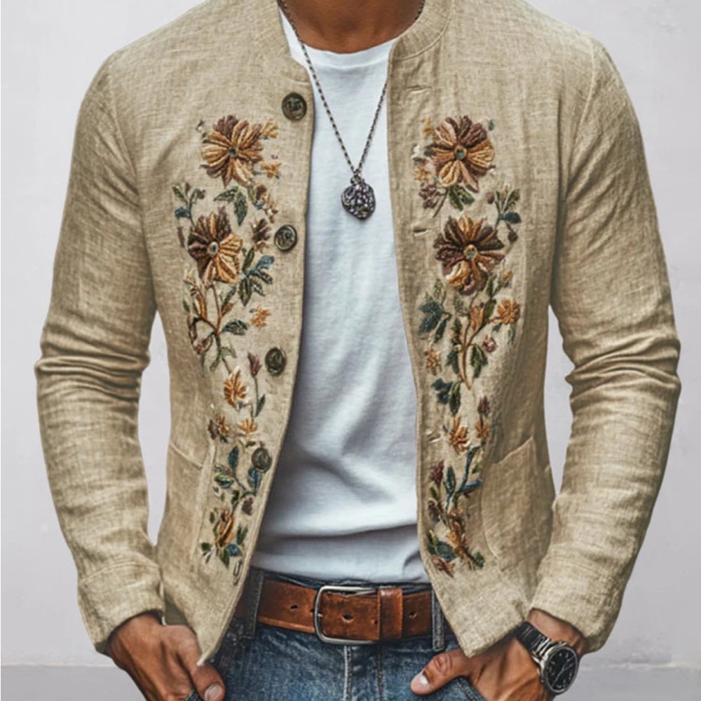 Floral Embroidered Cotton Linen Shirt Jacket - XL NWT